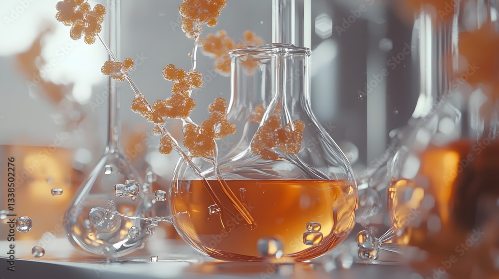 Poster laboratory flasks containing orange liquid and molecular structures