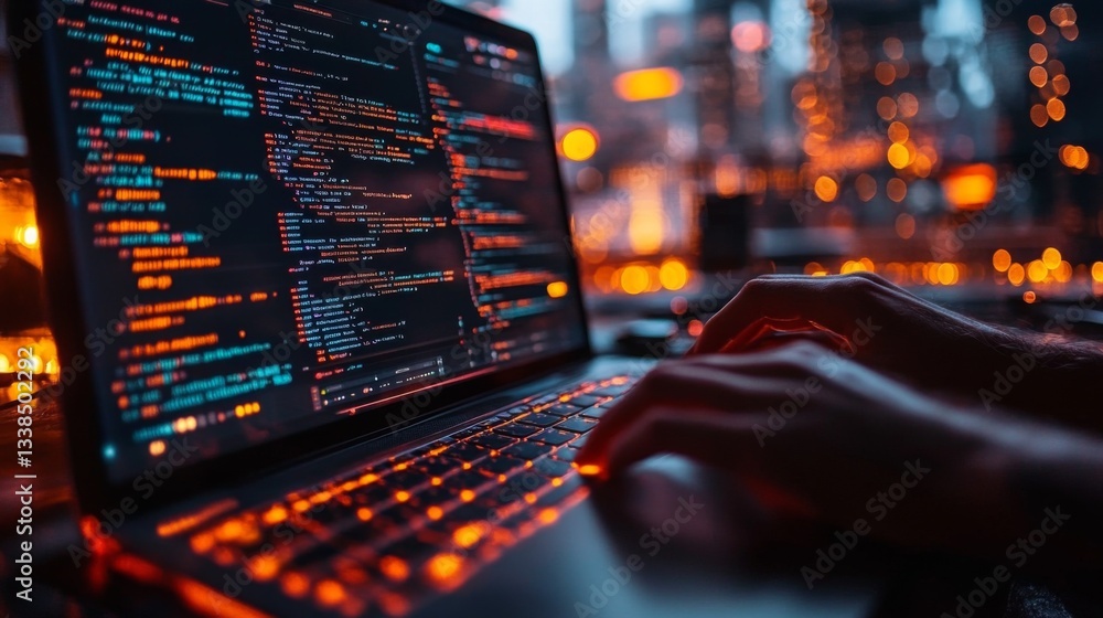 Fototapete Hands typing on a backlit keyboard display quantum computing elements like qubits and entanglement against a vibrant city skyline, emphasizing encryption and security.