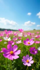 Obraz premium Vibrant pink and purple cosmos flowers blooming in a field under clear blue skies, vibrant, purple