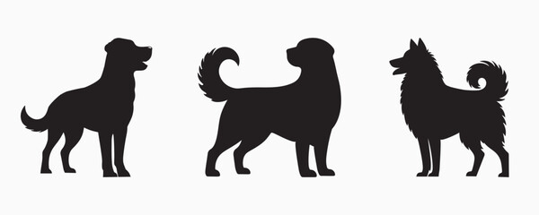 Set of three black dog silhouettes in various poses on a light gray background, depicting different stances and movements
