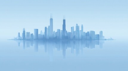 Fototapeta premium Serene Chicago Skyline Reflection A Misty Morning Cityscape Panorama