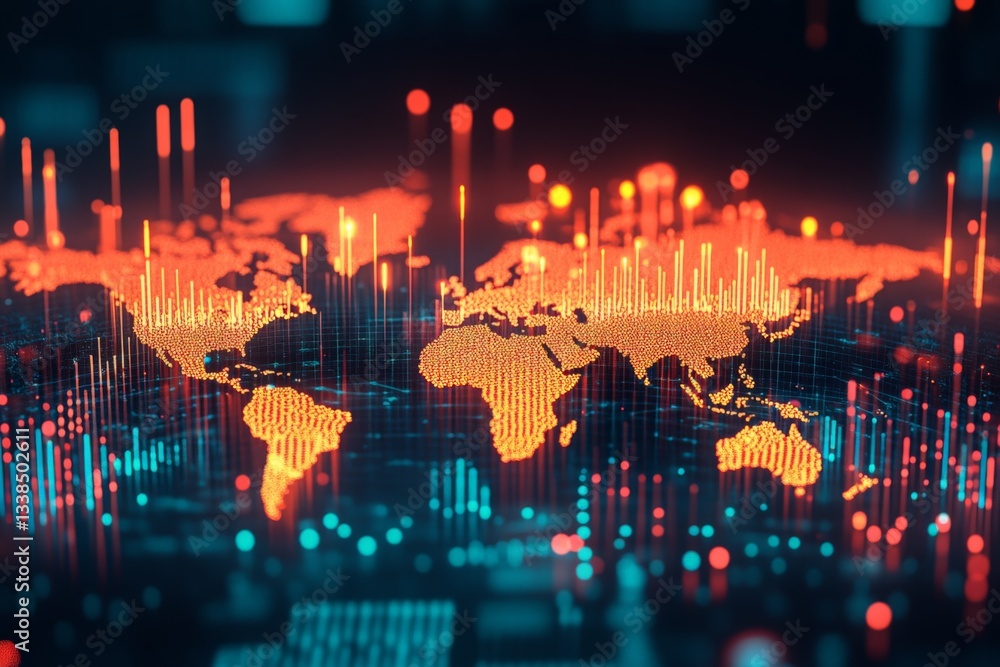 Poster vibrant digital world map visualization showcasing data trends and connections in a technological la