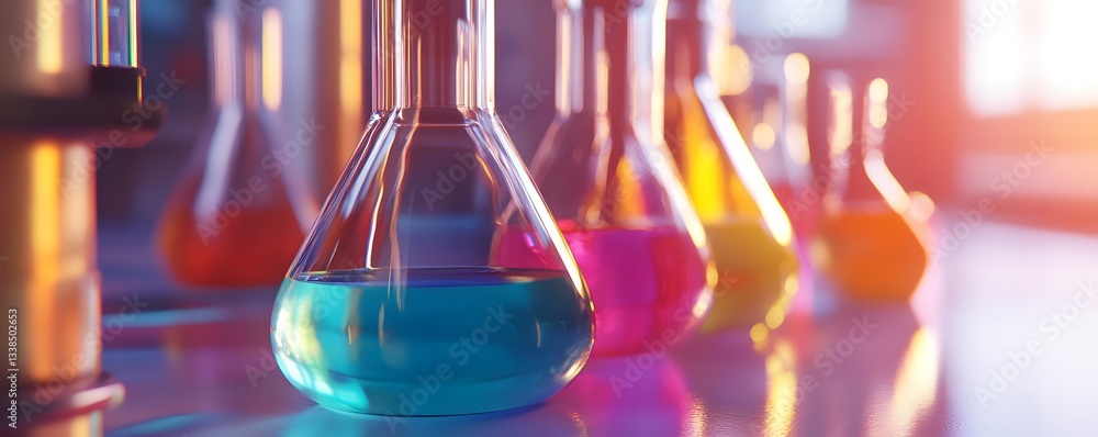 Poster laboratory flasks containing colorful chemical liquid substances for scientific experiment