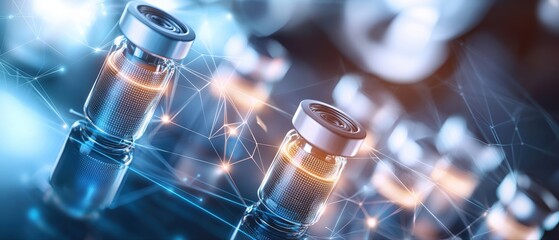 Two glass vials with metallic caps are illuminated in a futuristic setting, surrounded by abstract digital elements.