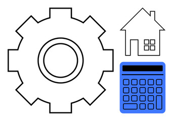 Simplistic gear, house outline, and a blue calculator highlight themes of optimization, home ownership, and budgeting. Ideal for finance, real estate, productivity, planning cost efficiency