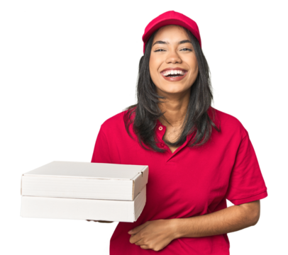 Latina delivering pizza, studio setup laughing and having fun.