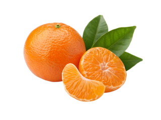 Fresh Mandarin Orange with Slices and Leaves on transparent Background