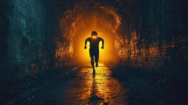Person running through a dark tunnel as glowing eyes watch from the shadows highlighting fear and anxiety