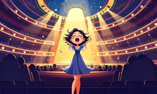 Young Woman in Blue Dress Singing on Grand Opera Stage