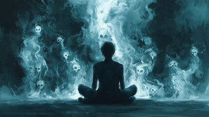 Obraz premium Exploration of the mind in a dim room with ghostly figures representing intrusive thoughts