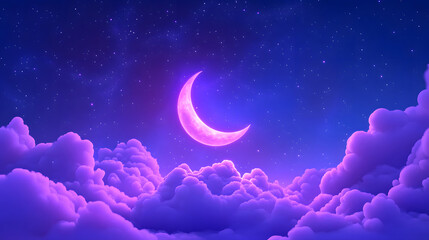 Dark blue night dreamy moon sky clouds, beautiful healing illustration