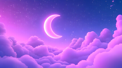 Dark blue night dreamy moon sky clouds, beautiful healing illustration