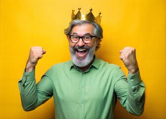 Fototapeta premium Excited senior man wearing a crown celebrates victory against a bright yellow background.