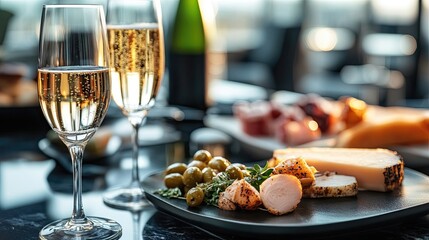 Luxurious airport lounge offering gourmet bites and champagne to weary travelers, epitomizing high-end airport hospitality, relaxation, and exclusive amenities for discerning passengers.