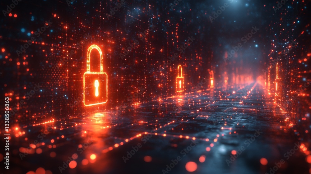 Fototapete Digital representation showcases quantum encryption concepts with illuminated padlocks, representing security and key protocols in a futuristic cyberspace.