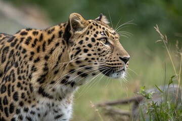 Obraz premium A closeup photo of an amur leopard. Panthera pardus orientalis. Amur or East Siberian leopard. Rare and endangered animals, on the verge of extinction. portrait of a large feline beast