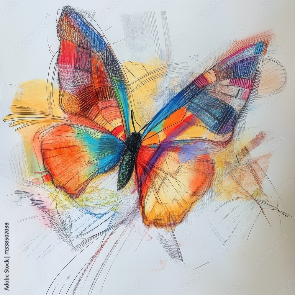 Aufkleber colorful butterfly sketch: vibrant winged insect artfully rendered with a blend of hues and expressi