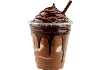 Creamy chocolate dessert in a clear cup with a straw