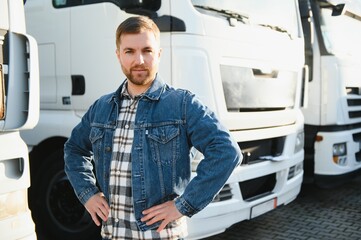 Freight transportation. A handsome truck driver stands on the background of a truck in the parking...