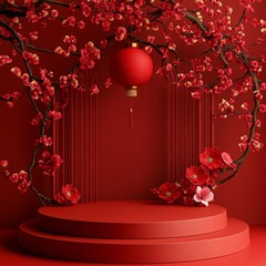 Elegant Red Chinese New Year Stage with Blossoming Plum Branches and Lantern, Festive and Auspicious Atmosphere.
