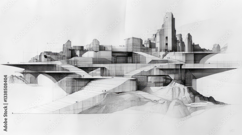Poster architectural drawing showing a cityscape with multiple levels and bridges