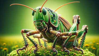 A vibrant, detailed illustration of a green grasshopper perched on a flower, showcasing nature's beauty and intricacy.