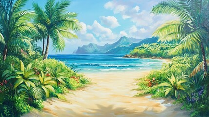 A cheerful tropical beach scene used as a summer backdrop.