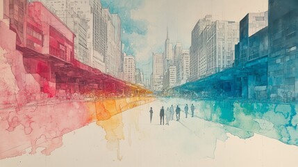Watercolor painting shows pedestrians walking down city street between buildings
