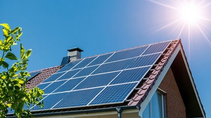 Fototapeta premium Solar Panels on Suburban House Roof Under Clear Sky