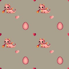 Children's seamless pattern. Cute pink dragon and dragon eggs on a brown background.