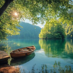 Obraz premium Idyllic Lakeside Scene: A Wooden Boat Anchored by a Dock, Reflecting the Majestic Forest in Serene Waters