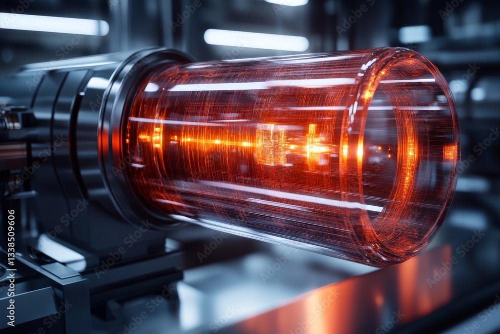 Aufkleber high-tech glowing apparatus emitting bright red light in a modern laboratory setting during evening 