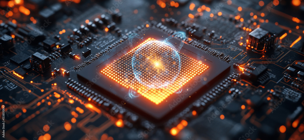 Poster A detailed view of a quantum processor showcasing a qubit in superposition surrounded by intricate circuitry.