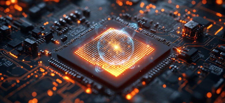 A detailed view of a quantum processor showcasing a qubit in superposition surrounded by intricate circuitry.