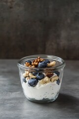 Thick protein yogurt layered with blueberries and cashew nuts in a clear glass jar for a healthy snack