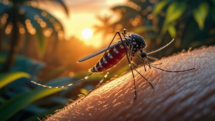 Close-Up of a Mosquito on Skin with Sunlight Reflection/ The Aedes aegypti mosquitoes, causes dengue, chikungunya, mayaro, and yellow fever
