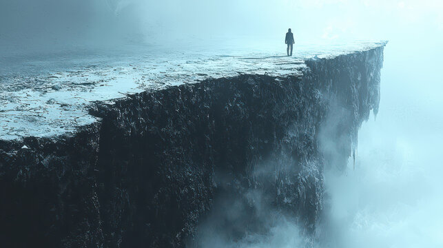 Person walks on a crumbling path over an abyss, highlighting the instability of panic disorders in a dramatic setting