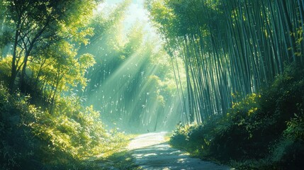 Obraz premium A sunlit forest path leads through lush green bamboo trees