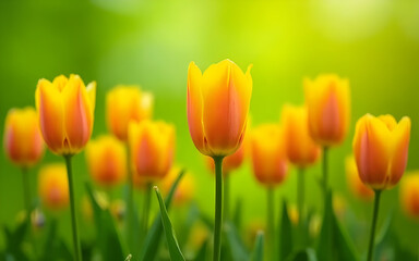 Yellow and orange tulips blooming in a sunny garden