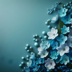 Delicate blue and white flowers creating a beautiful border on a turquoise background