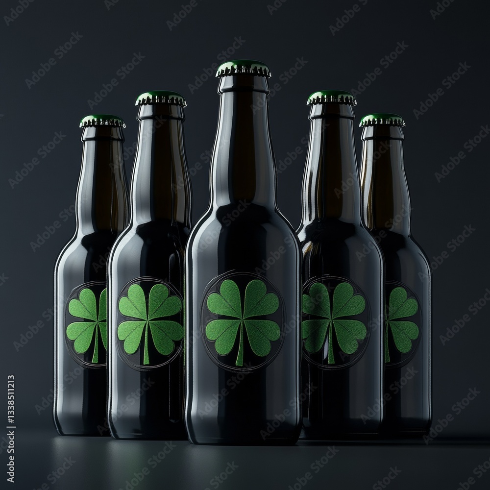 Aufkleber st. patrick's day beer: elegant dark bottles with green shamrock emblems on a sleek black background