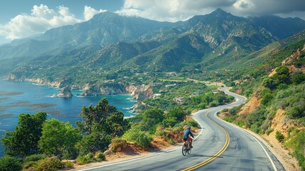 Fototapeta premium Coastal Cycling Adventure: A Scenic Ride Through California's Mountains and Ocean