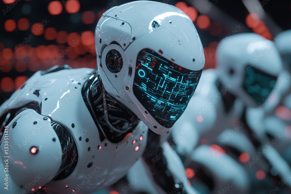 Aufkleber Advanced humanoid robots displayed in a high-tech environment during a futuristic technology exposition