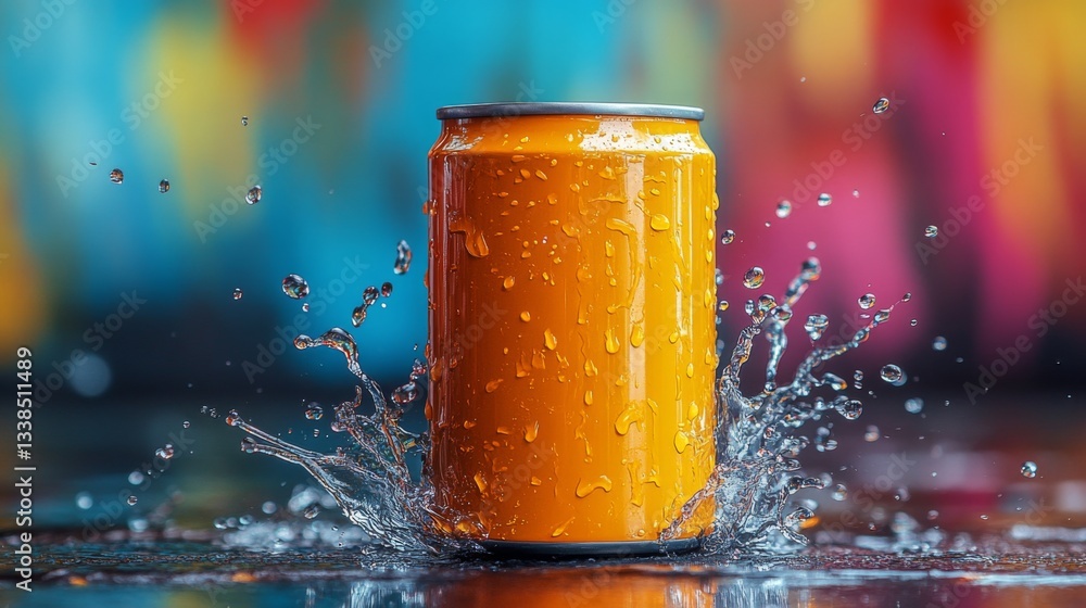 Poster a bright orange can is dramatically splashing in water, creating droplets that shimmer. the colorful