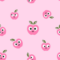 Seamless pattern of apple cartoons with cute face on pink background vector.
