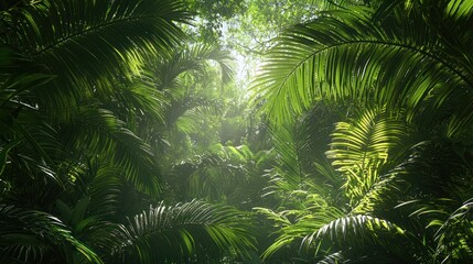 Lush green forest foliage illuminated by the sunlight above