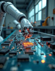 Ai powered Robot hand interacts with chip on circuit board, AI identifies vulnerabilities, Futuristic tech solution, Cyber security expert use AI/ A robot is working on a circuit board