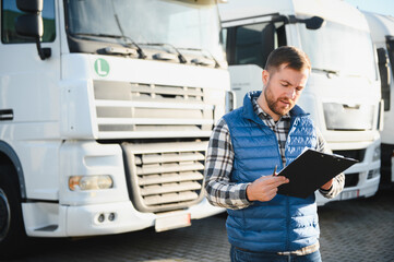 Happy confident male driver standing in front on his truck