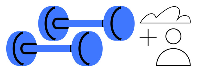Obraz premium Two blue dumbbells paired with a cloud, plus sign, and user icon highlight fitness, mental health, and personal growth. Ideal for wellness, gym, mindfulness, healthcare self-improvement motivation