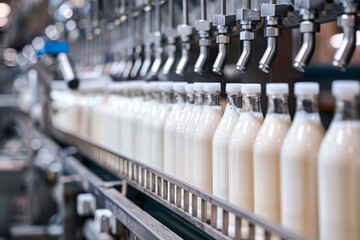 Line of milk bottles are being filled at a factory. The bottles are white and are lined up on a conveyor belt